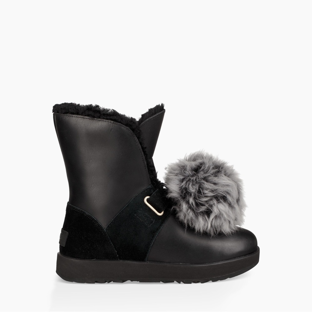 UGG WATERPROOF ISLEY BLACK LEATHER FUR POM POM BOOTS ✨ NEW IN BOX ✨
